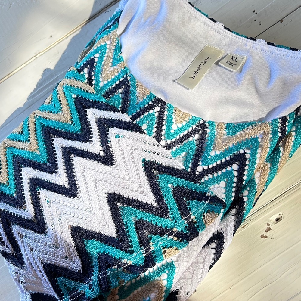 Tacera Womens XL Chevron  Bell Sleeve Tunic Dress Teal Navy‎